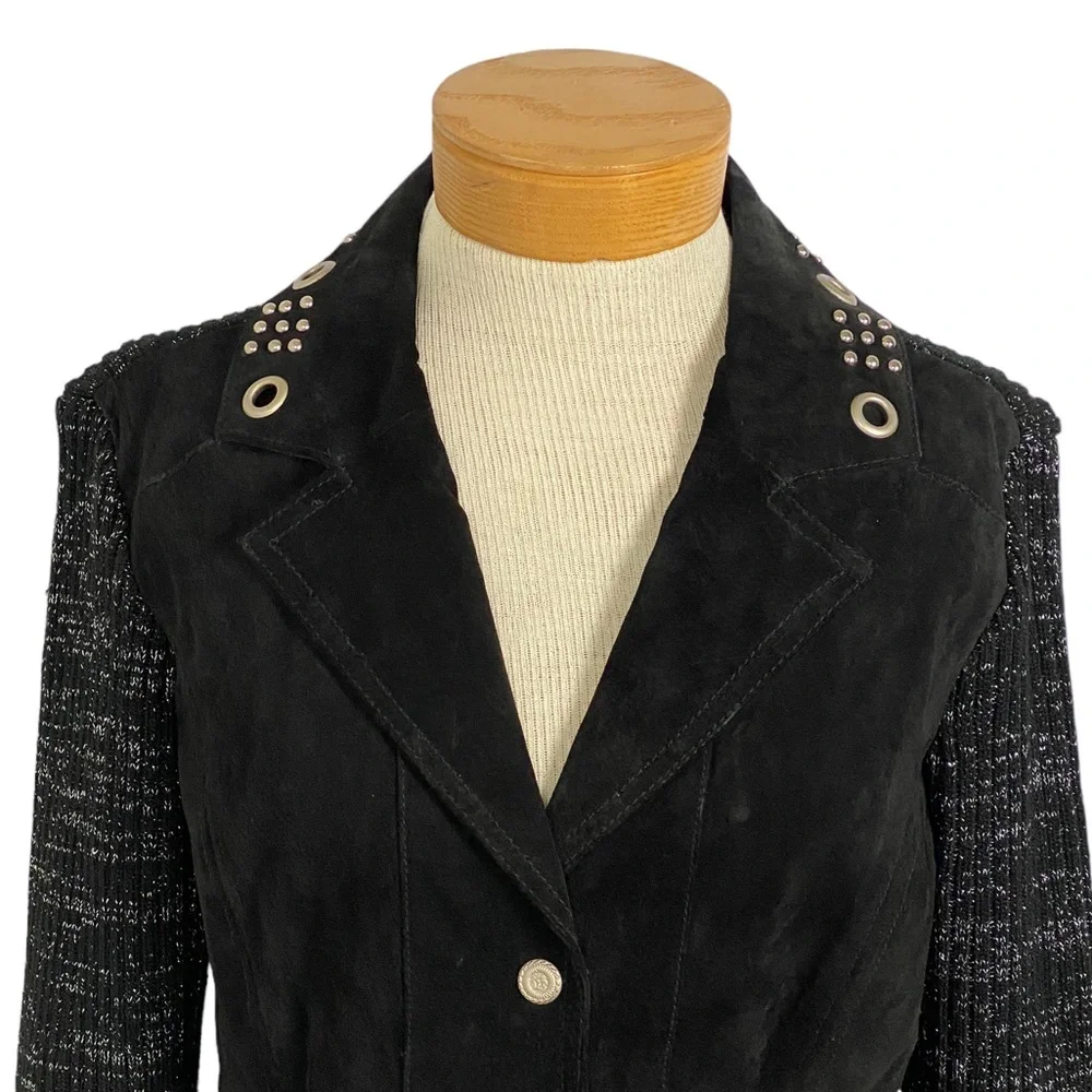 AMI Suede Leather Sweater Biker Jacket Blazer Black Silver Accents Med._5